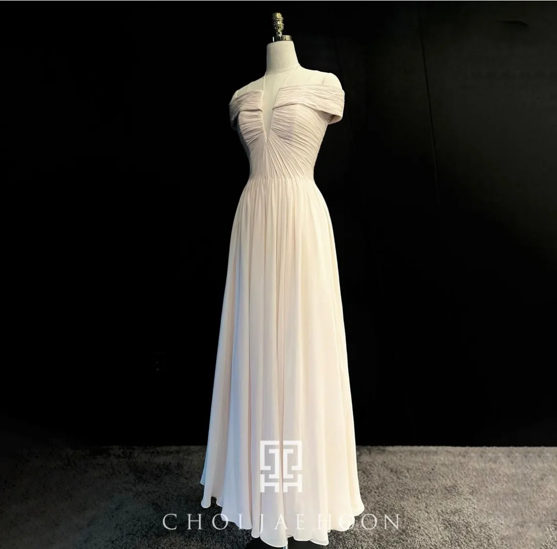 Customized Korean Long Pink Chiffon Evening Dresses A-Line V-Neck Pleated 이브닝 드레스 Floor Length Prom Party Dress for Women