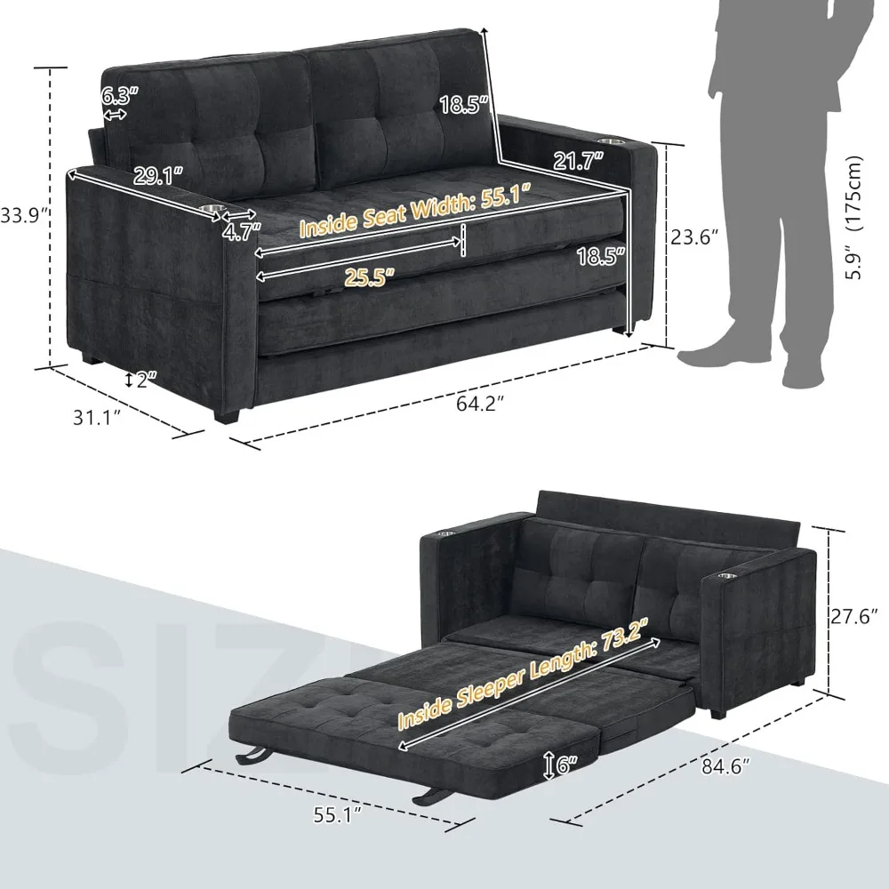 Verbessertes 64" B 84" L Futon-Schlafsofa in voller Größe, 6" dicke Polsterung Chenille Loveseat Sofa Sleeper Pull Out Couch