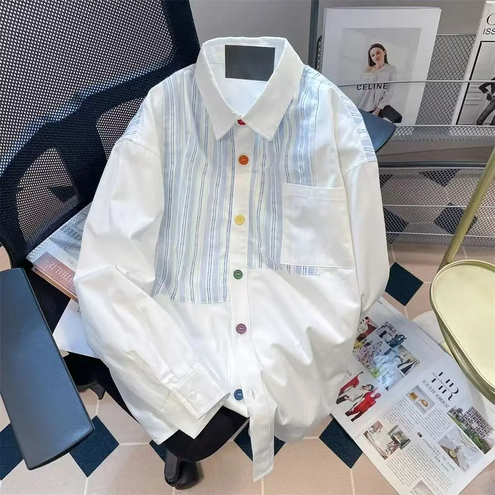 

Colorful Button Striped Splicing Casual Striped Shirts Women Long Sleeve Blouse Lapel Single Breasted Casual Korean Tops 2026