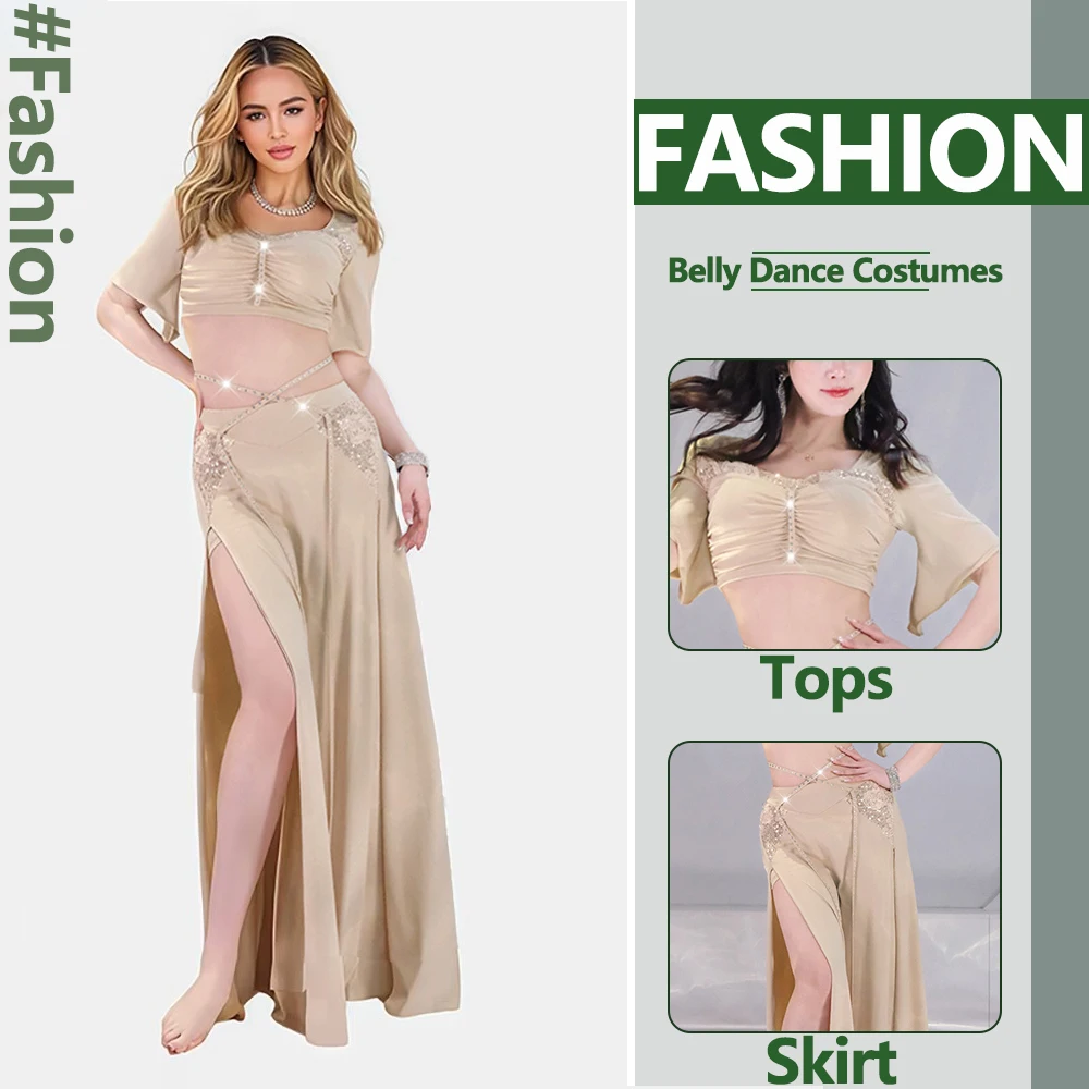 Women Belly Dance Performance Costume Suit Sexy Dancing Top and Chiffon Long Skirt