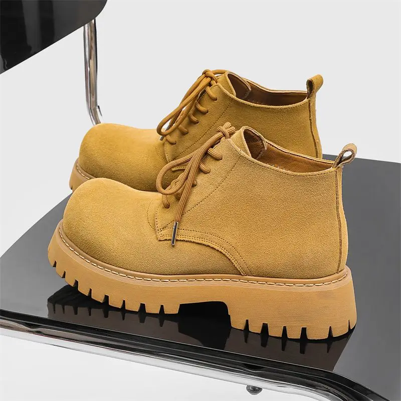 

High-Top Boots Men's Thick Bottom Outdoor Winter Fleece Lined Trendy Big Head Heightening Boots British Style Shoes