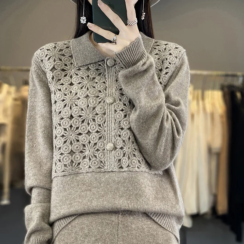 Heavy Cashmere Sweater for Women, 100% Cashmere, Solid Color, Loose Wool Knit Bottoming, Polo Lapel, Thick Sweater