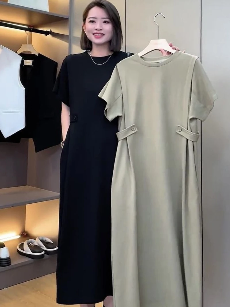 

Summer plus Size Women's Dr Loose Fitting ort Sve Waist Cinched Straight Tube Skirt Conceal Meat Slimming Effectiven