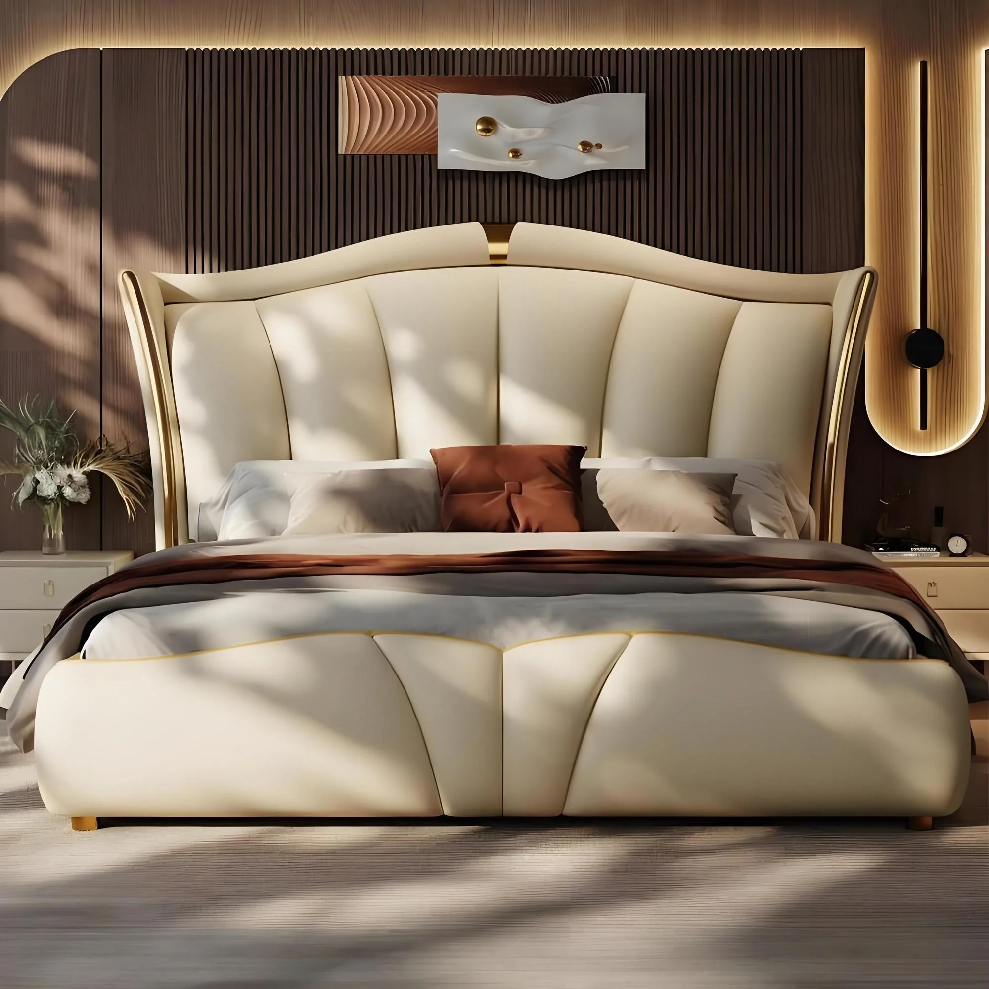 #Modern Luxury Full Size Master Bedroom with Genuine Leather Soft Bed Storage and Anti-collision Design