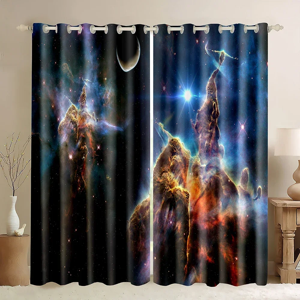 Kids Outer Space Galaxy Window Curtains,Universe Blue Planet Nebula Fantasy Starry Sky Star,Starry Art Printed Blackout Curtains