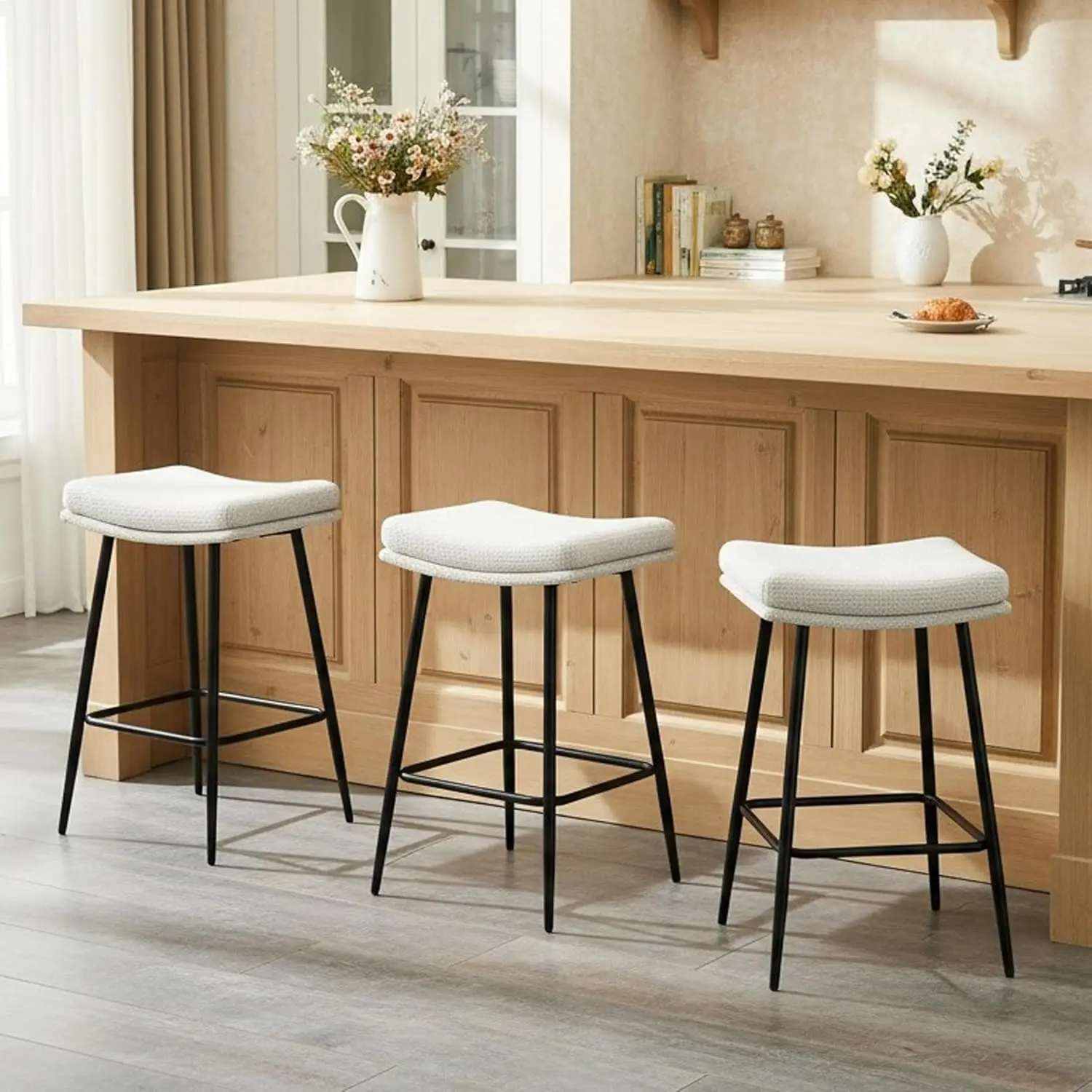 

26 inch Counter Height Bar Stools Set of 3, Backless Saddle Bar Stools for Kitchen Counter and Dining Room, White, Customized