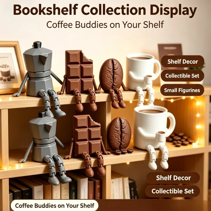 3D Printed Coffee Corner Decor Articulated Moka Pot Coffee Bean Cup Mug Chocolate Figures Coffee Station Shelf Decor Gift