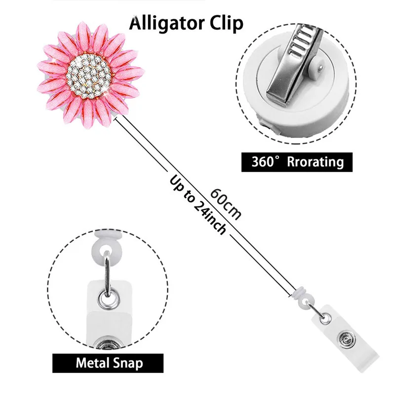 New Design 1 Piece Quality Rhinestone Sunflower Retractable Nurse Badge Reel Teacher Doctor Office ID Card Holder Alligator Clip