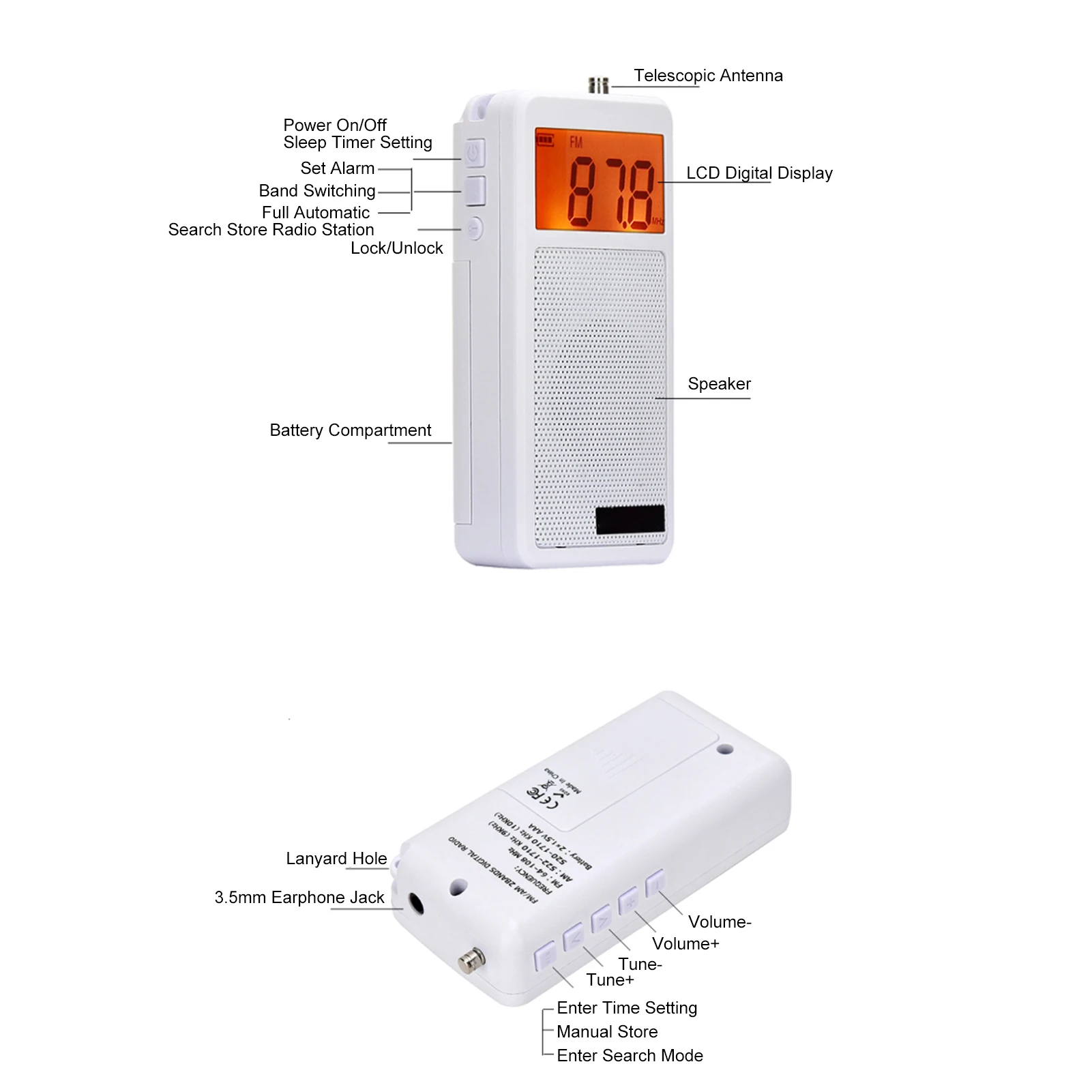 Portable AM/FM Radio with 100 Station Memory Two-Band Radio with LCD Display Headphone Built-in Speaker Sleep Timer