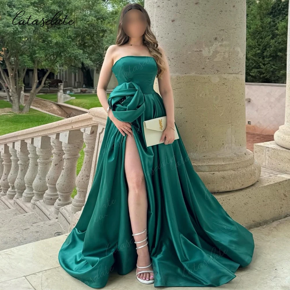 

Catasdate A Line Evening Dress High Slit Flowers Ceremony Dress for Woman Formal Party Dress Satin vestidos fiesta Customized