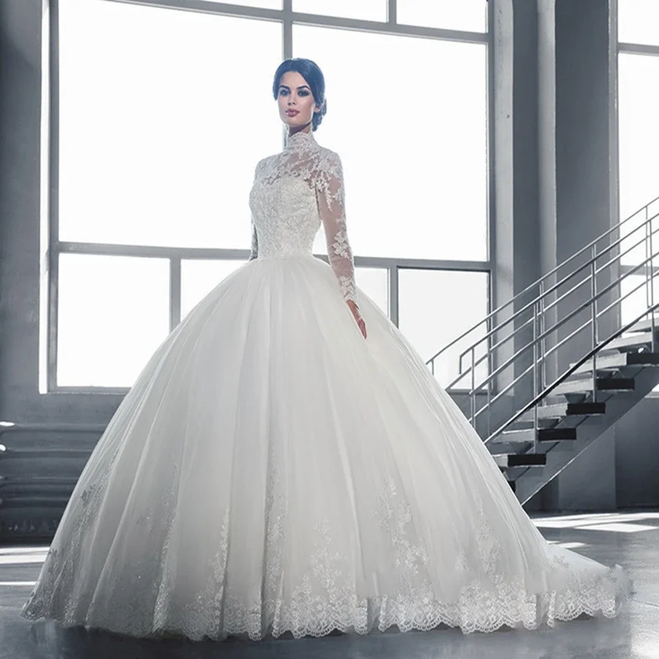 

Flavinke Customized Exquisite Appliques High Neck A-Line Wedding Dresses Long Sleeves Lace Sweep Train Tulle Bridal Gowns Women