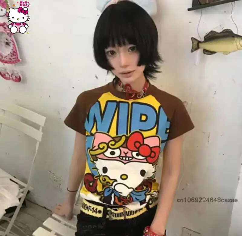 

Sanrio Hello Kitty T-Shirts Anime Style Spicy Girl Tees Contrasting Color Women Summer Short Sleeved Trend Top Gothic T-Shirts