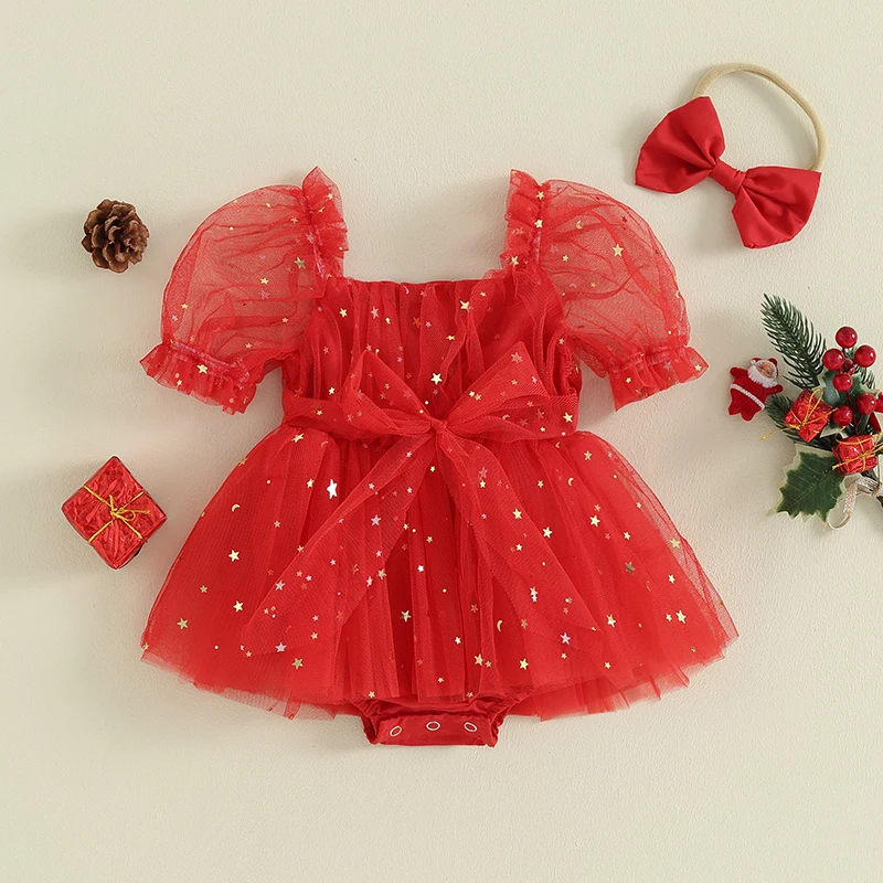 Christmas Baby Girls Short Puff Sleeve Romper Star Lace Mesh Tulle Jumpsuits + Headband Set Newborn Clothes Outfits