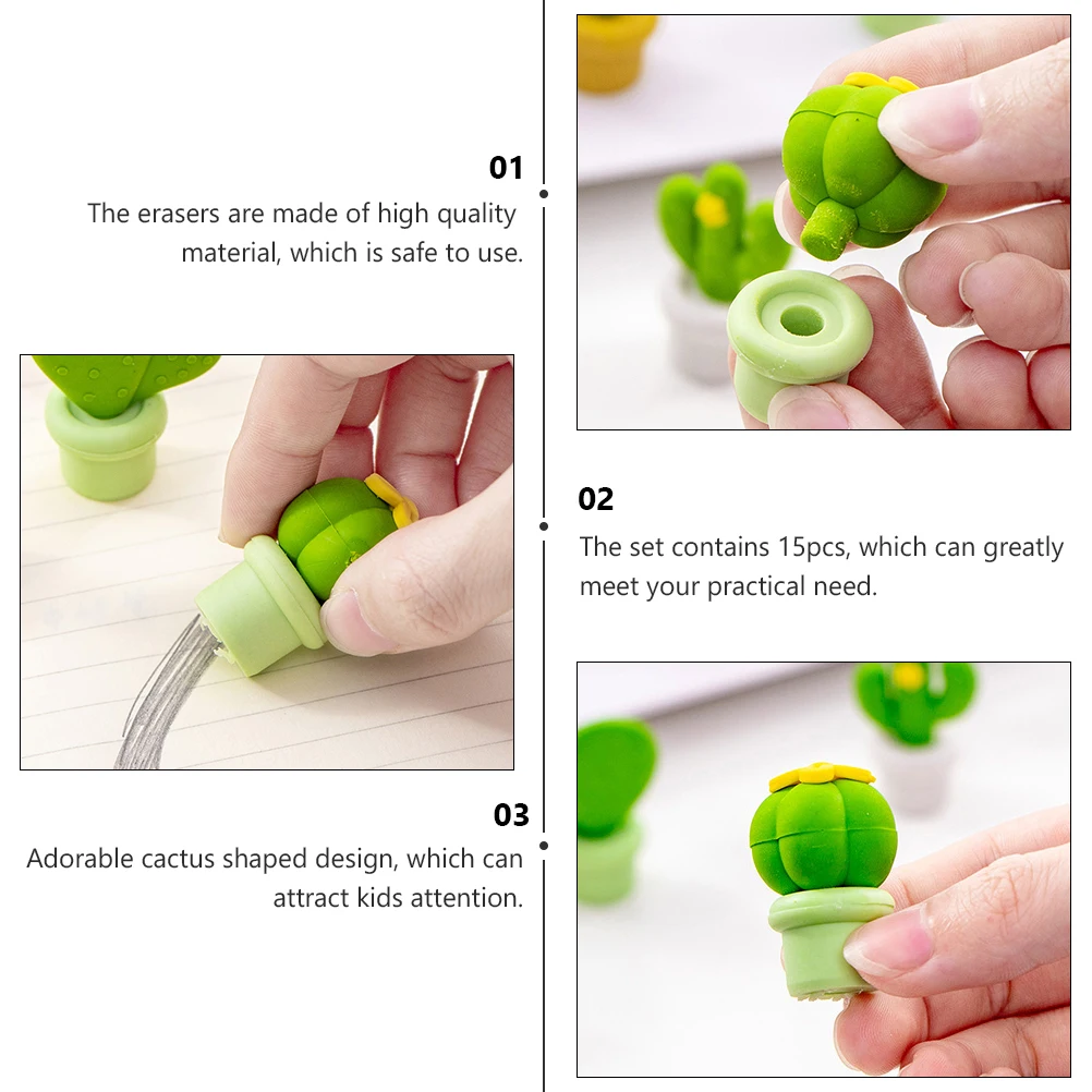 

15pcs Cactus Shaped Erasers Cute Stationery Eco Friendly Students Rubber Wipe Pencil Writing School Supplies