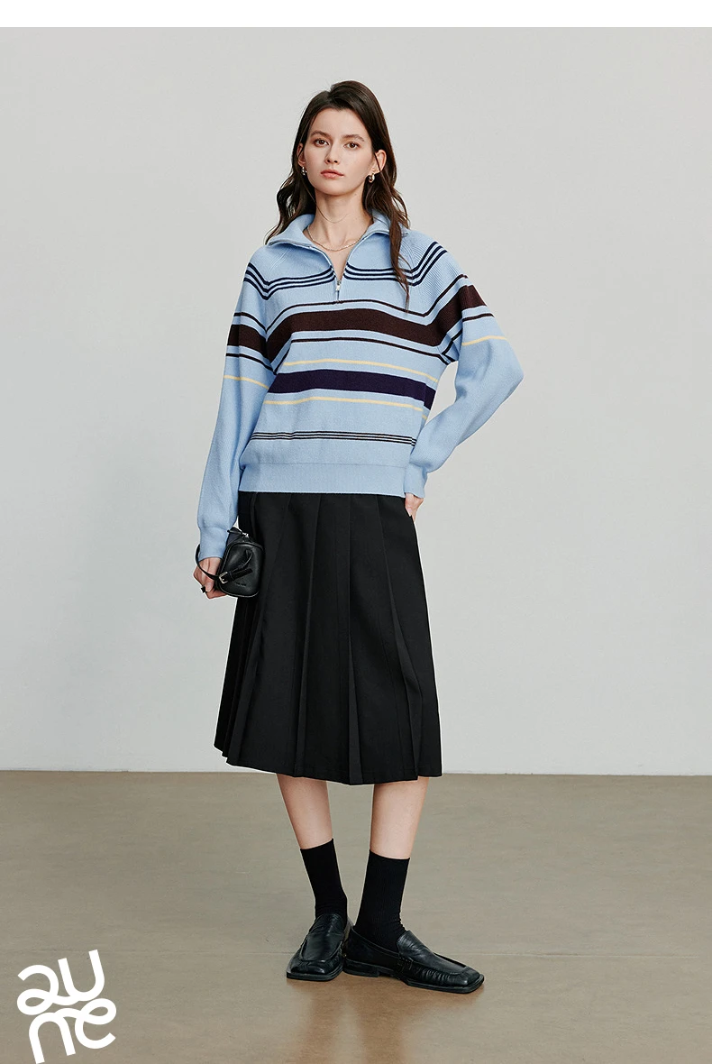 TOYOUTH Women Knitted Sweater 2026 Autumn New Fashionable Style Striped Zipper High Collar Woolen Pullover Sweater Tops