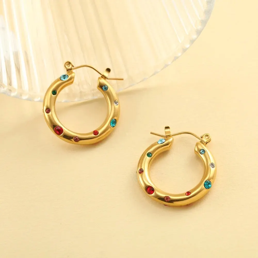 Trendy Gold Color Crystal Stainless Steel Round Earrings For Women Imitation Pearl Metal Earring Party Everyday Jewelry