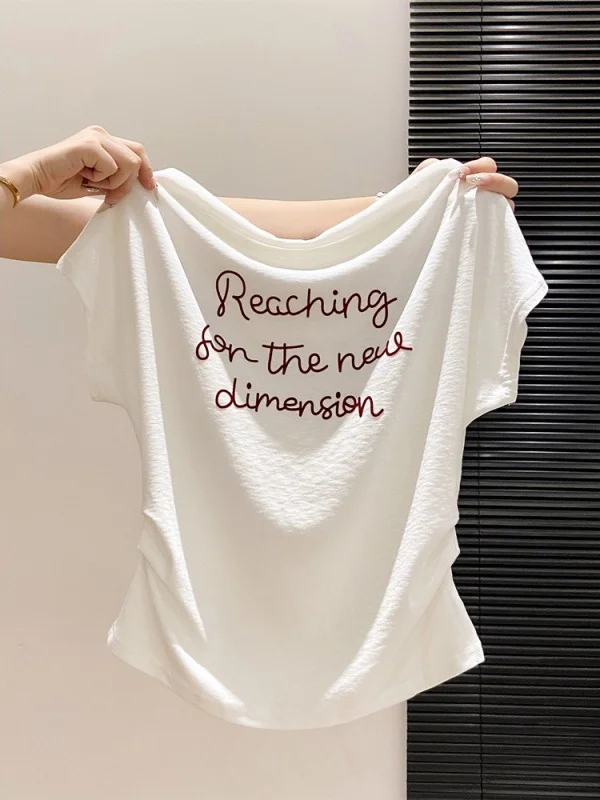 

Spicy Girl Design Short Sleeve T-Shirt Women's Waist Cinching Shoulder Baring Letter Print Top Summer Fashion Casual Cotton
