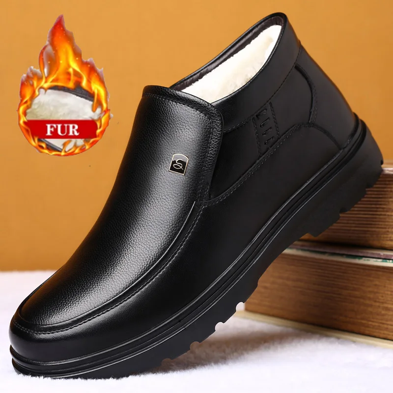Winter Snow Boots Men's High Top Leather Casual Shoes Warm Thermal Insulated Fur Lined Ankle Boots Non-Slip Outdoor Man Flats