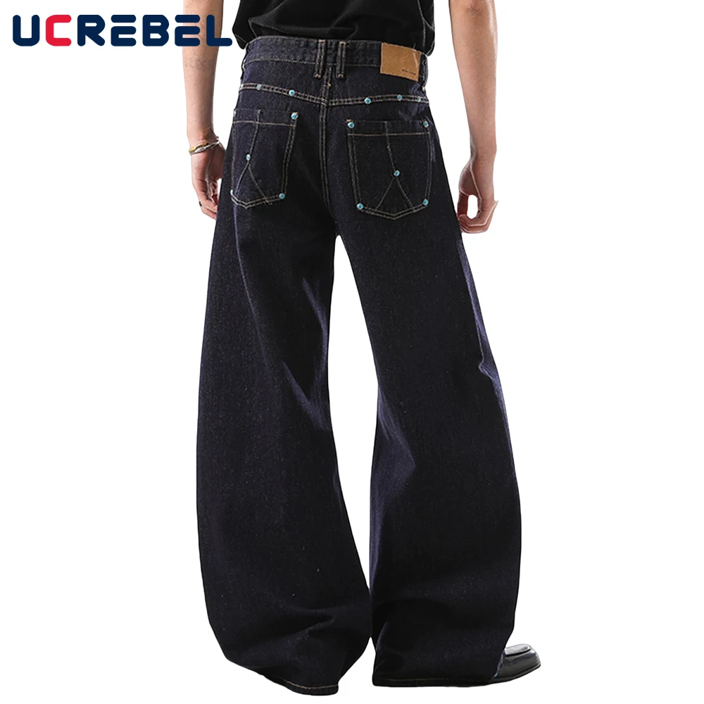 

Button Decoration Raw Jeans Mens Topstitch Retro High Street Baggy Wide Leg Denim Pants Men