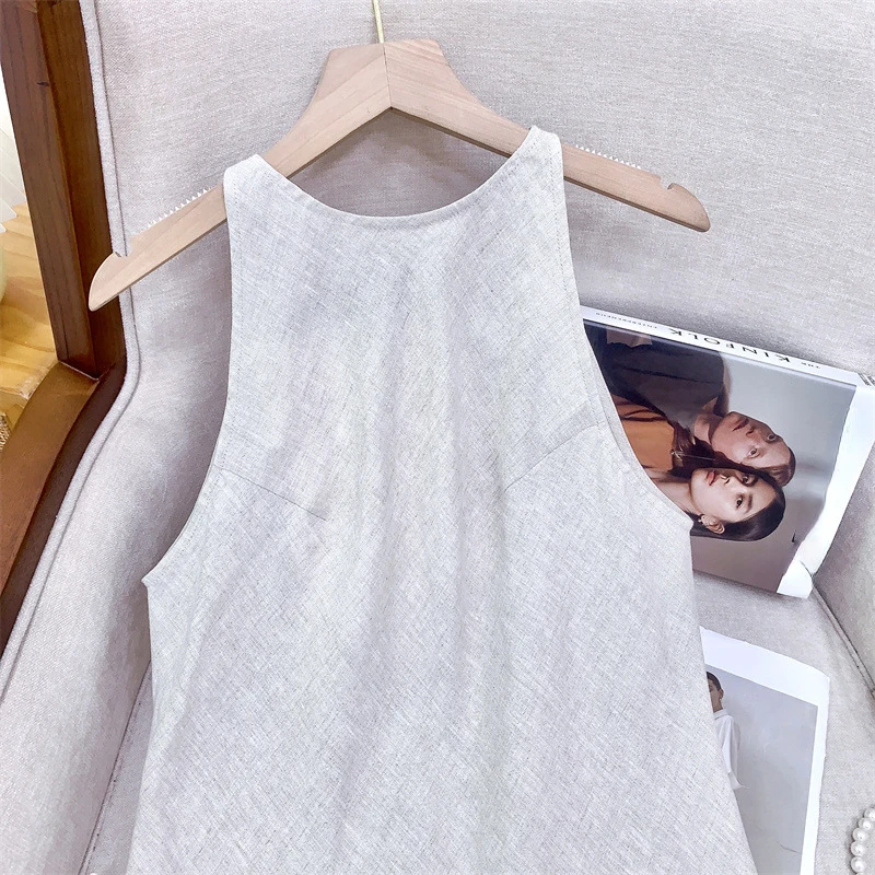 Chinese Style Cotton Linen Dress Sleeveless Women Clothing Bias Cut High Count Cool Temperament Vest Sweet Fresh Offce Lady Slit