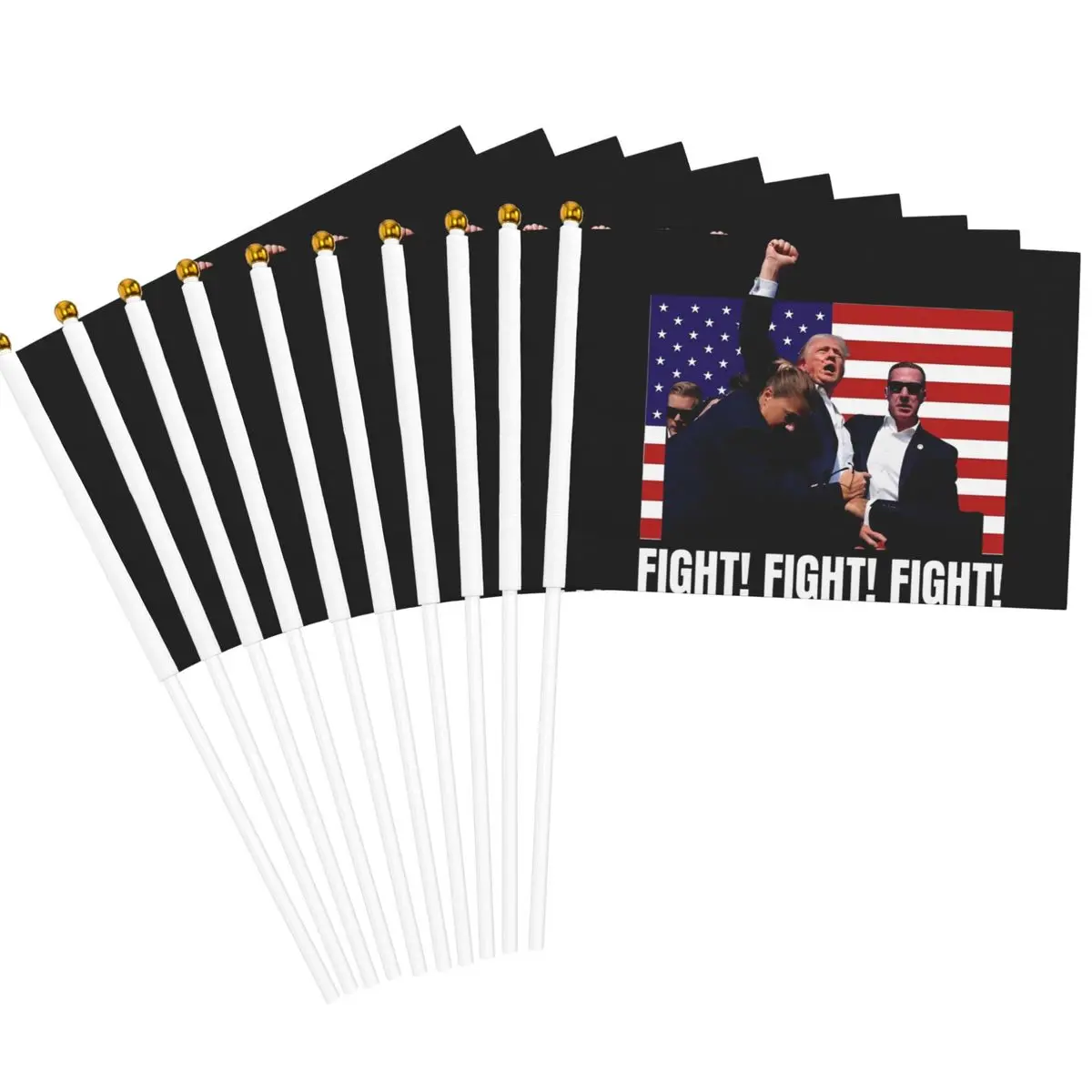 Pack of 10 2024 President Trump Fight Handheld Flags 5.5x8.3 Inch Golden Spear Top Failed Shooting Shot Trump Meme Stick Flags