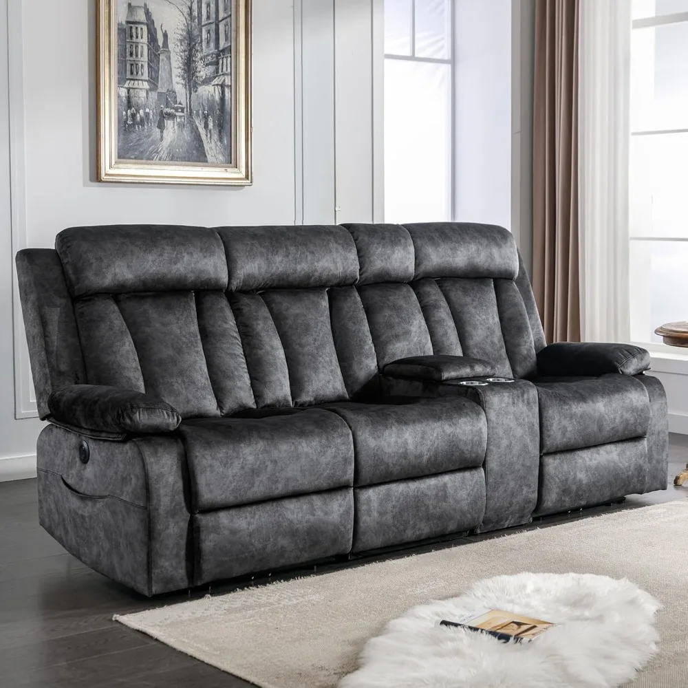 3 Seater Recliner Sofa with Console Power, Heat and Massage, Cup Holders, USB & Type-C Charge Ports, Reclining Loveseat Sofa