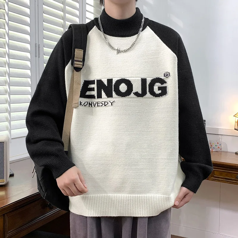 

Trendy Patchwork Knitted Sweater f High Collar Autumn Winter New Sle for Teens And Men plus Size Polyester Fiber Ciwalk