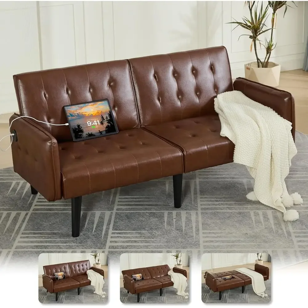 Mid-Century Modern Leather Sleeper Sofa with USB Ports, Suitable for Living Room, Bedroom, or Office, Brown