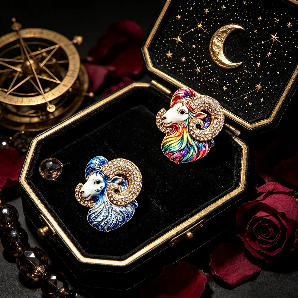 Retro Colorful Enamel Aries Brooch, Rhinestone Ram Sheep Pin, Alloy Lapel Badge for Ladies Clothing Decor, Unique Jewelry Gift