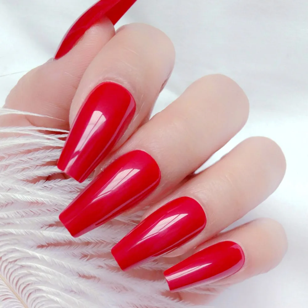 

Press On Fake Nails With Jelly Glue Sticker 24Pcs Shiny Deep Red Long Ballerina Coffin Fingernails Manicure Acrylic False Nails