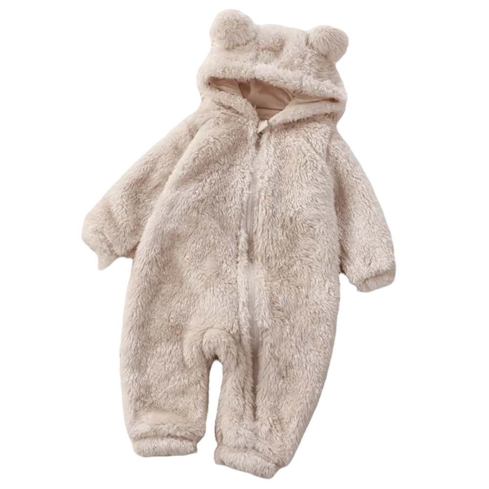 Dicke warme Baby-Strampler, Korallen-Fleece, Bärenform, Säuglingsoverall, mit Kapuze, Reißverschluss, weicher Samt, Pyjama für Neugeborene, Wintersaison