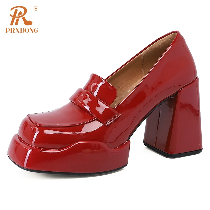 

PRXDONG Women's Shoes 2024 New Spring Autumn Genuine Leather Pumps Chunky High Heels Platform Black Red Dress Party Office Lady