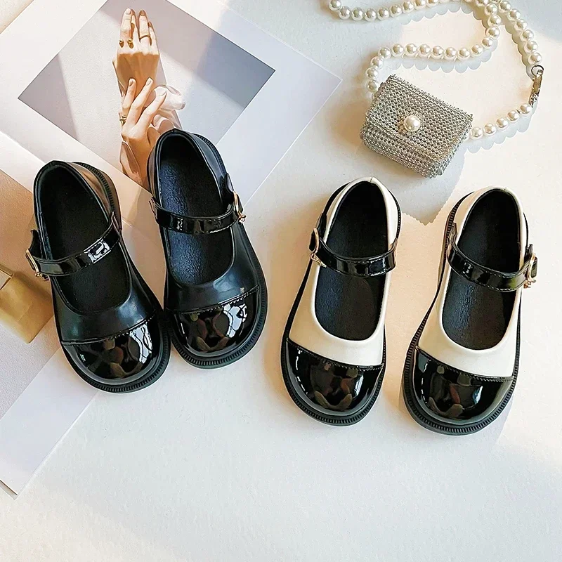 New Children Leather Shoes Fashion Patent Leather Girl's Flat Shoes Black White Vintage School 23-36 Toddler Kids Princess Shoes