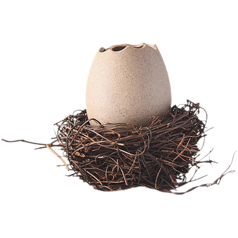 

Ceramic Bisque Hydroponic Decorative Ostrich Eggshell Bird's Nest Vase Flower Pot Plant Design Planter Rattan