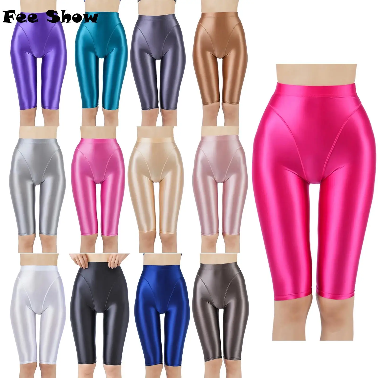 Damen glänzende gefälschte zweiteilige Strumpfhose Shorts hohe Taille dehnbare Biker Shorts glänzende Öl Leggings für Yoga Fitness Sport Shorts