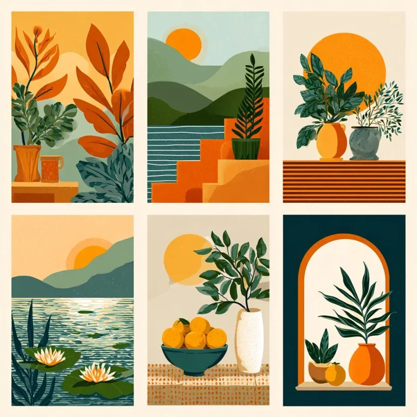 6 DIY-Malvorlagen mit Motiven wie orangefarbenen Vasen, Pflanzen, Sonnenuntergang und Lotusblumen. Perfekt zur Dekoration von Hauswänden. – Detail 2