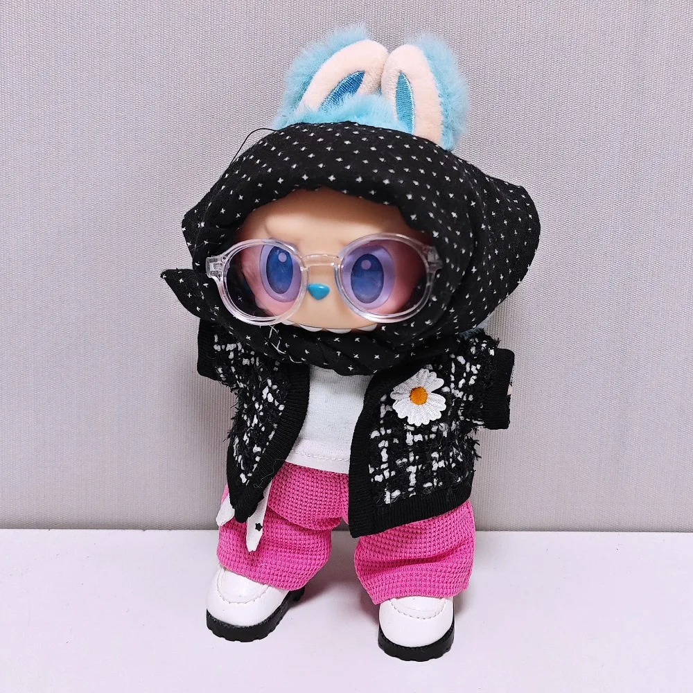 1SET 17cm Labubu Doll Clothes Headscarf Coat T-shirt  Pants Shoes Glasses Doll Accessories Sitting Party Changing Dress Game Toy