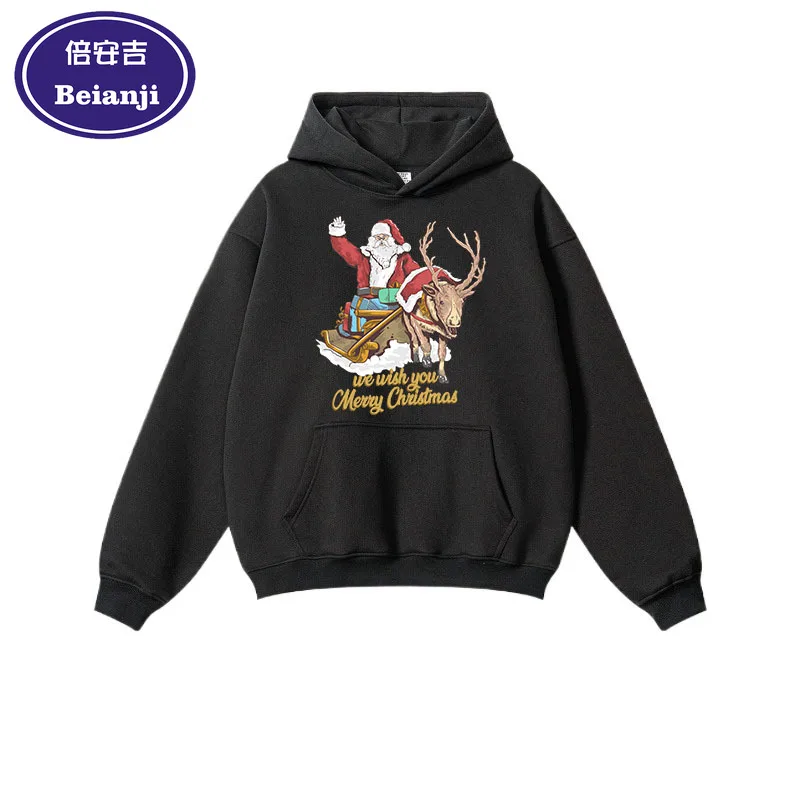 Beianji  Christmas men's hoodie casual long sleeve thick pullover men's and women's Elk old cartoon 3D printed pullover