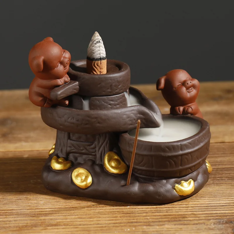 Stone Mill Ceramic Handicrafts Fortune Pig Backflow Incense Stick Holder Censer Home Ornament