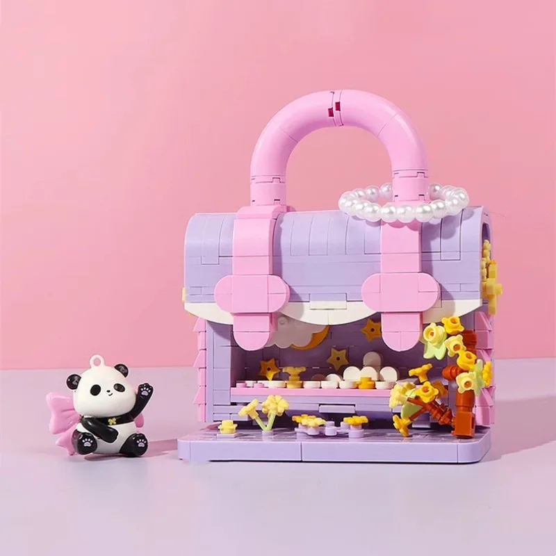 MINISO Panda Handbag Building Blocks 3D Model Ornaments Children's Toys Assembled Puzzle Figures Kawaii Birthday Gifts