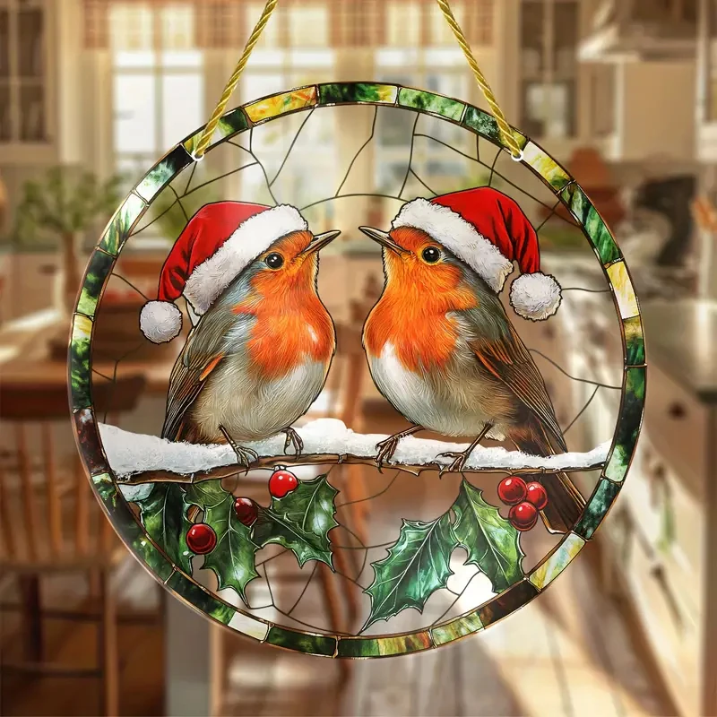 Red Bird Suncatcher,Christmas Bird Translucent Acrylic Round Sign Hanging Ornament,New Year Holiday Gift  Porch Wall Home Decor