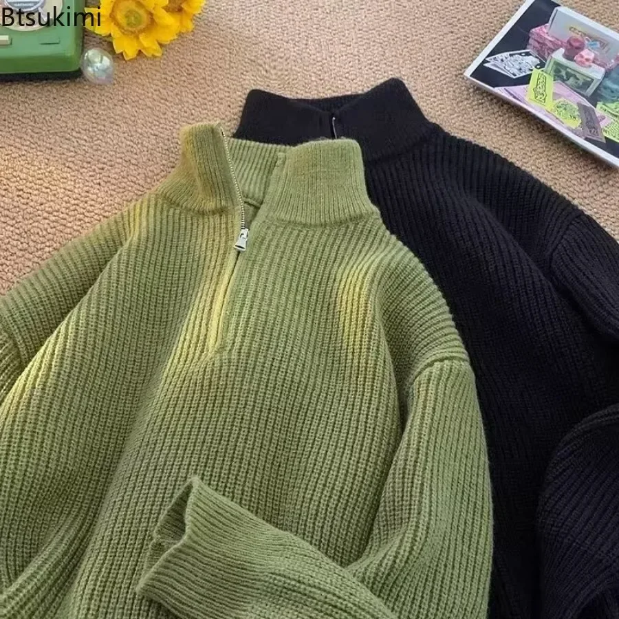 2025 Fashion Half Zipper Turtleneck Sweaters for Men Autumn Winter Warm Knitted Pullover Tops Male Solid Casual Sweater Coats