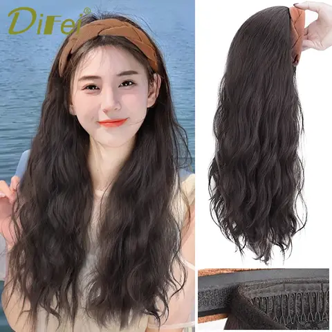 DIFEI 여성용 합성 헤어밴드 가발, 하프 헤드 통합, 가을, 겨울, 긴 곱슬 머리, 하프 헤드, 웨이브 곱슬 머리 가발