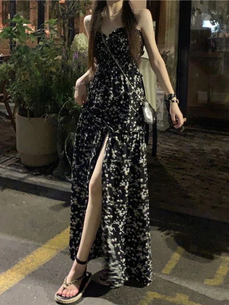 Spaghetti Strap Dresses Women Sexy Slit Design Elegant Casual Korean Style Retro Floral Midi Vestidos Sleeveless Summer Ladies