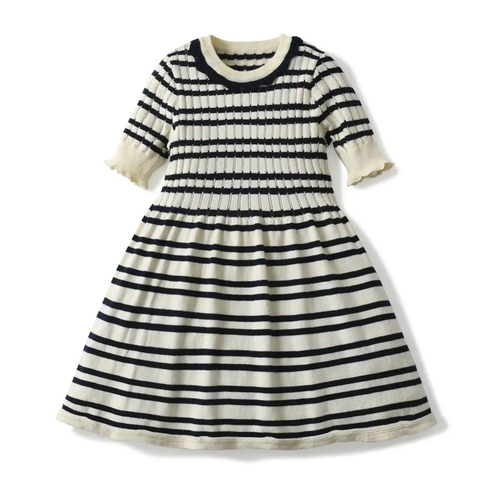 

Kids Knit Cotton Sweater Summer Children Crochet Ribbed Striped Frocks Toddler Girls Knitted Dress Sisters Match Outfits