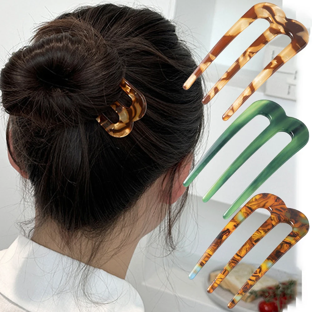 Acetic Acid Hair Forks Three Teeth Hair Sticks U-Shape Hair Comb Bun Hairpin Women Girls Hairstyle Hair Accessories Headband
