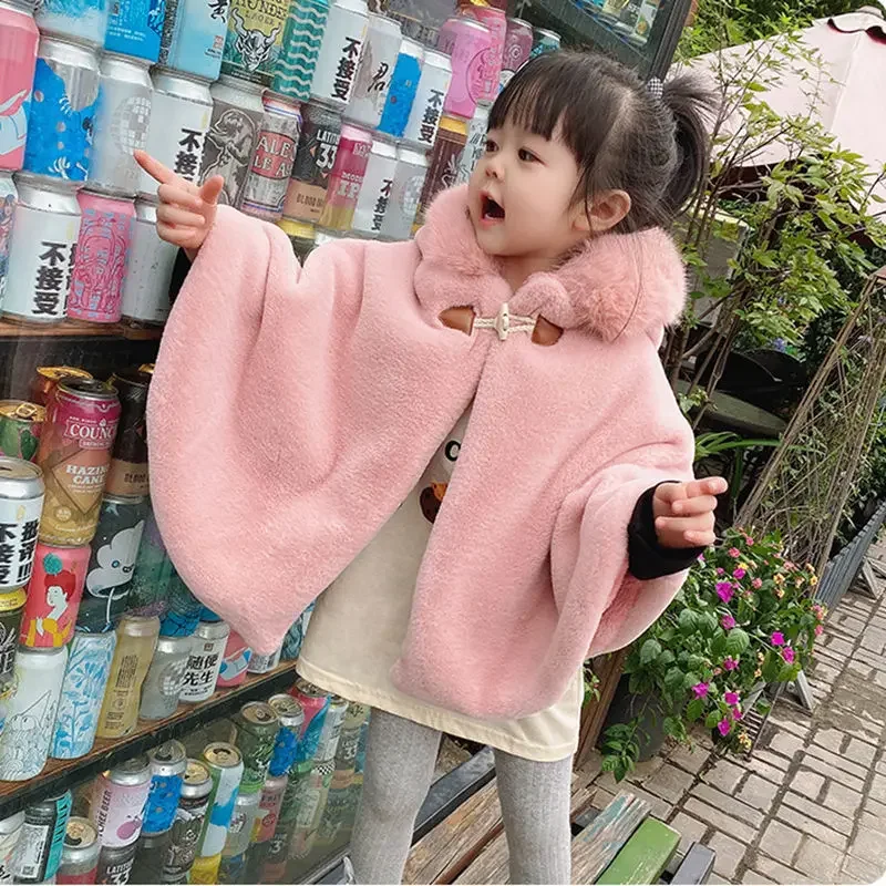 Girls Cashmere Outerwear Trench Children Winter Shawl Cloak Baby Toddler Girl Coats Pink Velvet Cloak Jacket Thick Kid Clothing