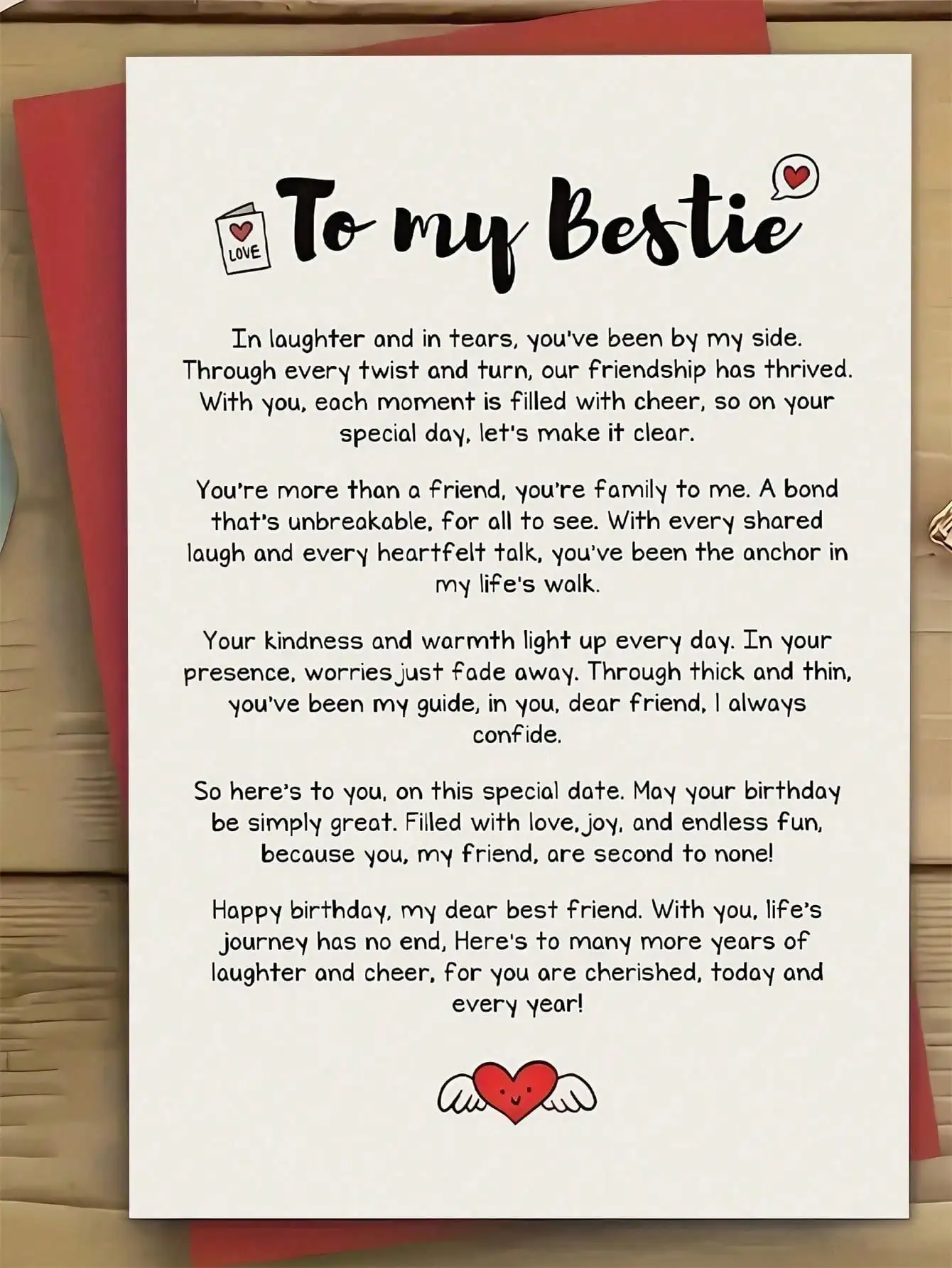 High-Quality Birthday Greeting Card -1pc Heartfelt For Best Friend - With Envelope, Thoughtful Poetry And Love With Wings Design