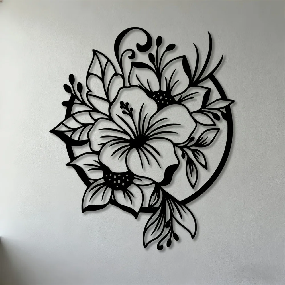 Metal Wall Art Hibiscus Flower Flat Iron Rustic Hanging Two Dimensional Floral Decor for Living Room Bedroom Office Gift