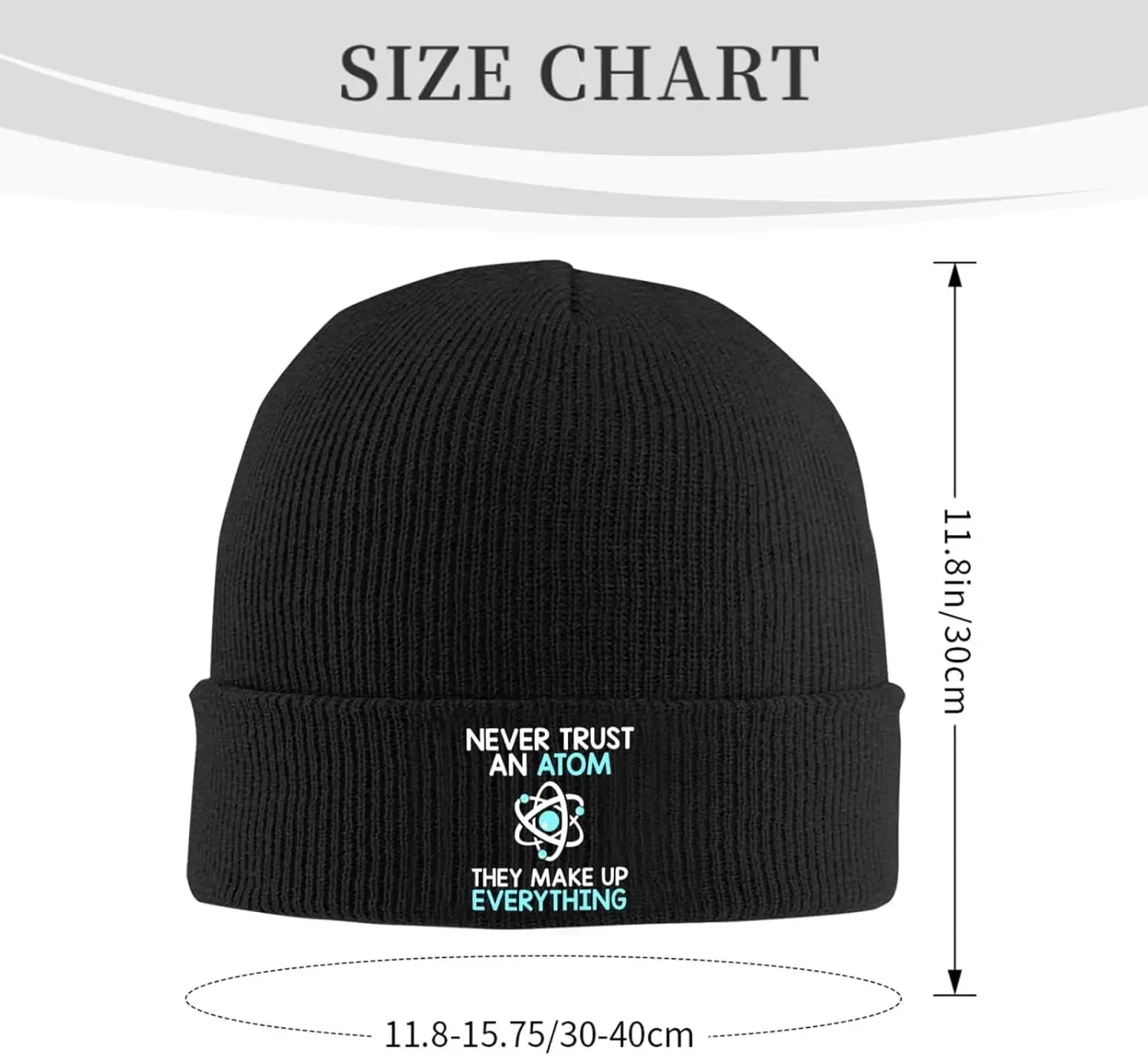 Czapka beanie z napisem: Nigdy nie ufaj atomowi, oni składają całą rzeczywistość. Męska, luźna, dzianinowa czapka typu skull cap, czarna, ciepła, zimowa, narciarska.